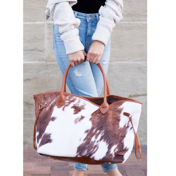 Handbags - Brown and White Vegan Faux Fur Cow Print Tote Bag
